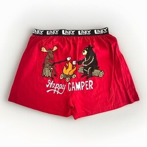 Lazy One Happy Camper Boxer Shorts Pajama XL Red Moose Bear Campfire NWOT